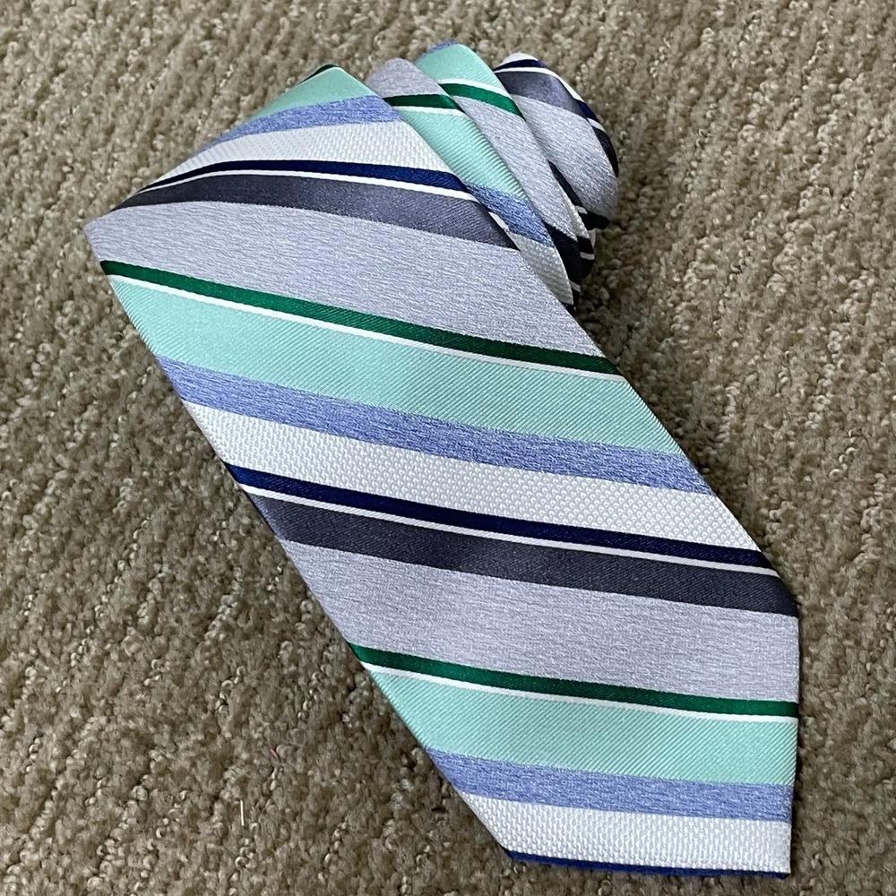Pronto Uomo Mint Green Gray Repp Stripe Silk Blend Necktie‎ Business Classic